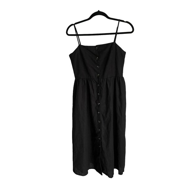H&M Black Linen Cotton Blend Buttons Dress Midi Smocked, Women's Medium, Flaw - Picture 2 of 16
